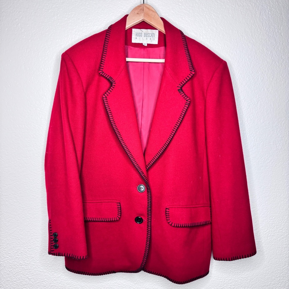 VTG Women's 100% Wool Cherry Red Top Stitch l Blazer M Made in USA
